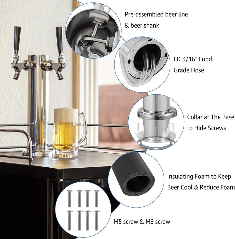 MRbrew Kegerator Tower Beer Tap Tower Dispenser Dual Faucet Beer Tower Draft Beer Dispenser Stainless Steel Keg Tap Tower 3'' Keg Tower Pre-assembled Line Beer Faucet Dispenser Kit For Home, Bar,Party - Image 3